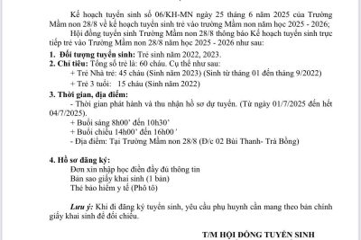 TRƯỜNG MẦM NON 28/8 THÔNG BÁO TUYỂN SINH TRẺ NĂM HỌC 2025-2026🍀
